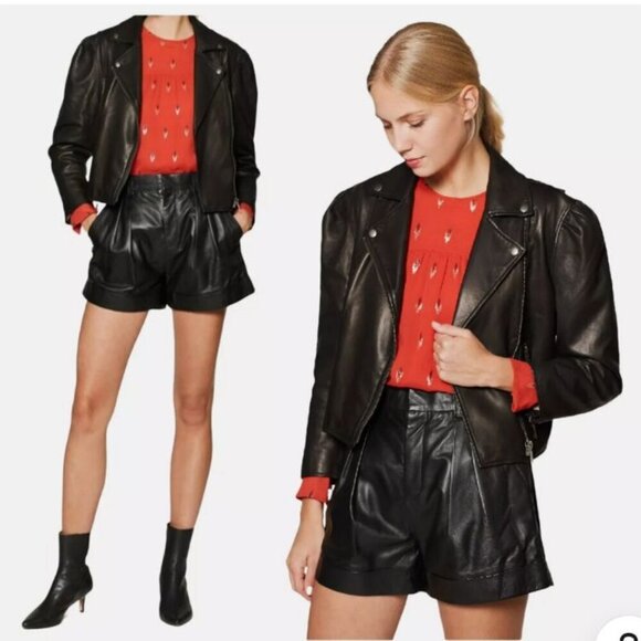 NWT Joie Black Leather Moto Jacket Lambskin Cropped Puff 3/4 Sleeve Biker Jacket - Picture 2 of 16